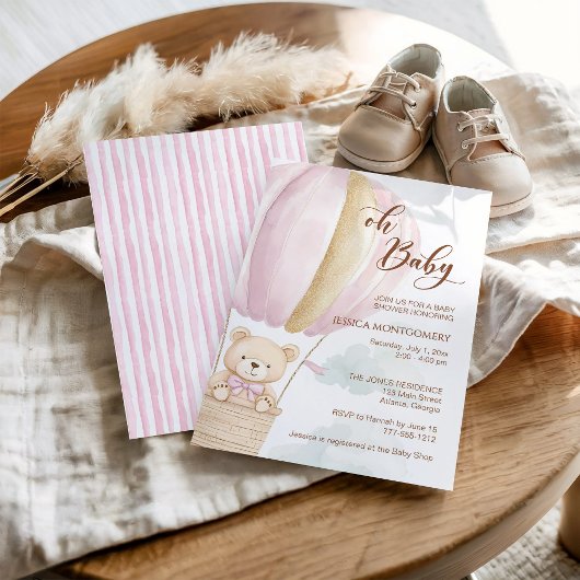 Invitation Pink Oh Baby Script Bear in Hot Air Balloon Shower