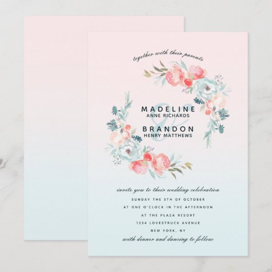 Invitation Pink Ombre Jardin Français Floral Mariage de couro (Devant / Derrière)