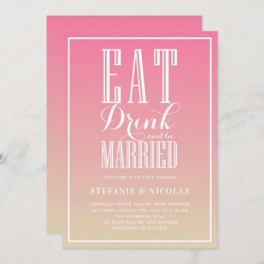Invitation Pink Ombre Mange, Boit et Etre marié Mariage (Devant / Derrière)