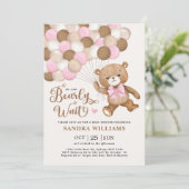 Invitation Pink On Peut Attendre Teddy Bear Baby shower (Debout devant)