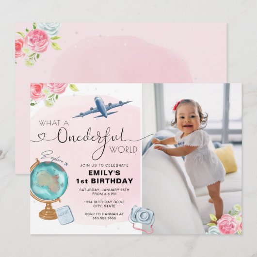 Invitation Pink ONE derful World Photo First Birthday (Devant / Derrière)