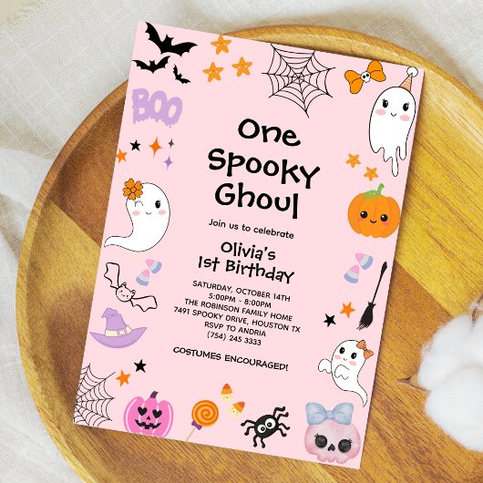 Invitation Pink One Éffrayant Ghoul Ghost Halloween 1er Anniv
