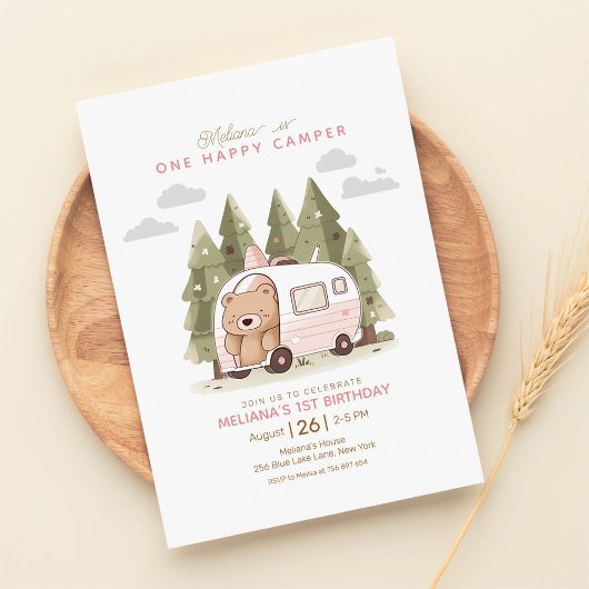 Invitation Pink One Happy Camper Premier anniversaire