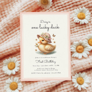Invitation Pink One Lucky Duck Baby Girl Premier anniversaire
