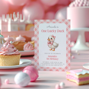 Invitation Pink One Lucky Duck Baby Girl Premier anniversaire