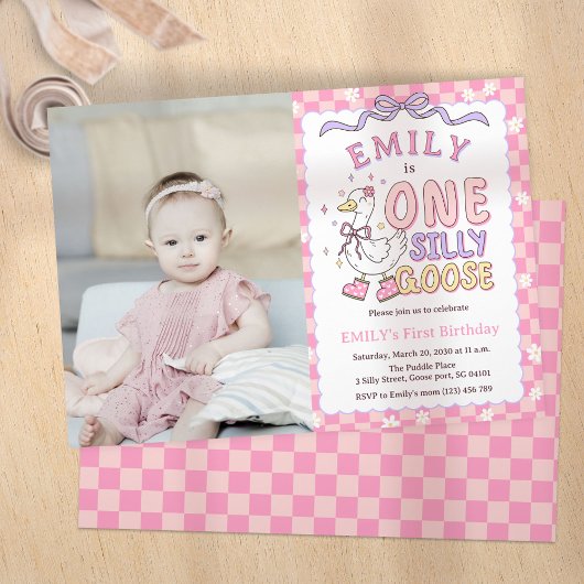 Invitation Pink One Silly Goose - Girl First Birthday Photo
