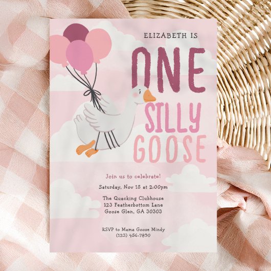 Invitation Pink One Silly Goose Whimsical 1er Anniversaire