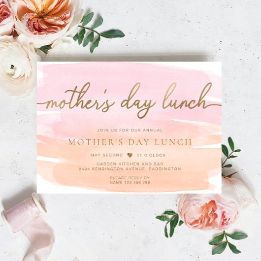 Invitation Pink Orange Aquarelle Or Mère's Day Déjeuner