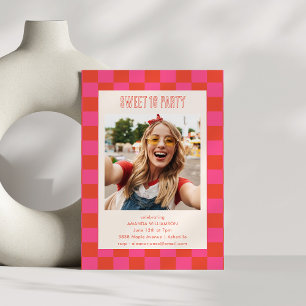 Invitation Pink Orange Checkerboard Sweet 16 Party Photo