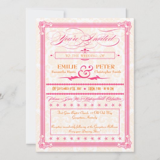 Invitation Pink & Orange Damask Poster Style Wedding Invitati (Devant)