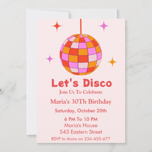 Invitation Pink Orange Disco Ball Let's Disco Anniversaire (Devant)