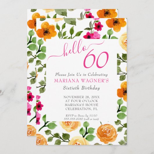 Invitation Pink Orange Floral Élégant Script 60e anniversaire (Devant / Derrière)