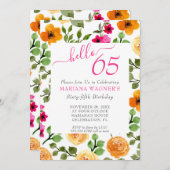 Invitation Pink Orange Floral Élégant Script 65e anniversaire (Devant / Derrière)
