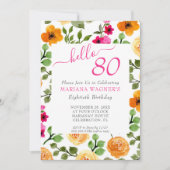 Invitation Pink Orange Floral Élégant Script 80e anniversaire (Devant)