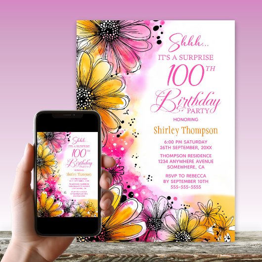 Invitation Pink Orange Floral Surprise 100e anniversaire