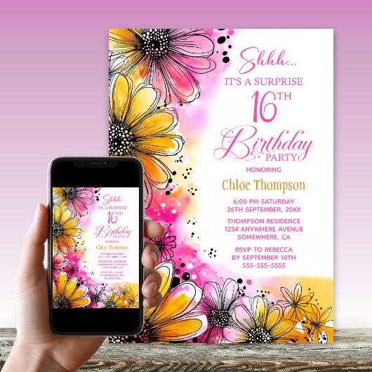 Invitation Pink Orange Floral Surprise 16ème anniversaire