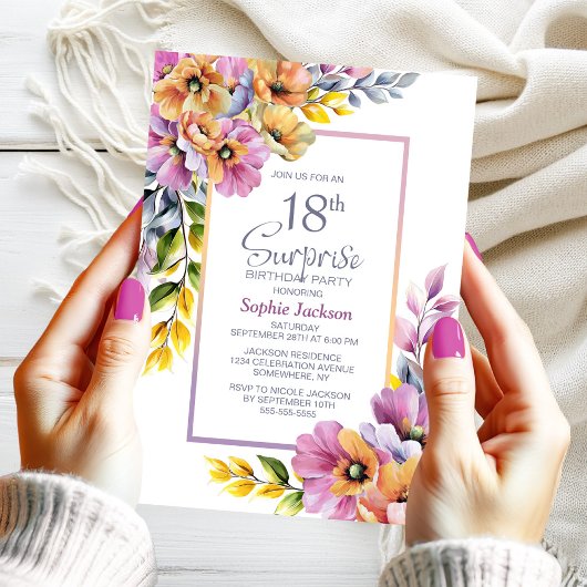 Invitation Pink Orange Floral Surprise 18ème anniversaire