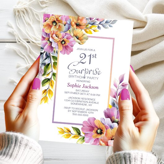Invitation Pink Orange Floral Surprise 21ème anniversaire