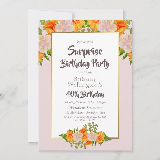 Invitation Pink Orange Floral Surprise 40ème anniversaire (Devant)