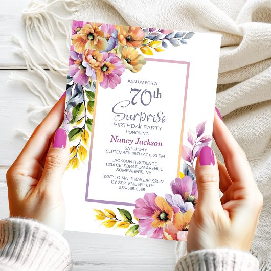 Invitation Pink Orange Floral Surprise 70th Birthday Party