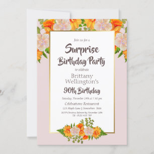 Invitation Pink Orange Floral Surprise 90ème anniversaire