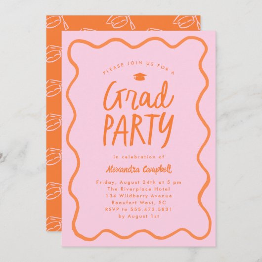 Invitation Pink Orange Hand Drag Squiggle Graduation Party (Devant / Derrière)