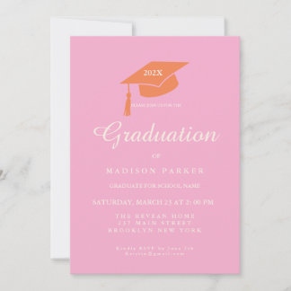 Invitation Pink  Orange Minimalist Photo Graduation Party