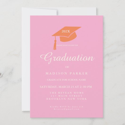 Invitation Pink  Orange Minimalist Photo Graduation Party (Devant)