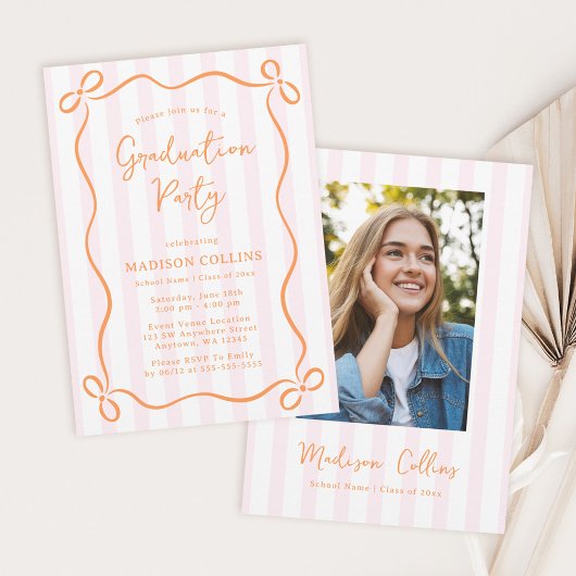 Invitation Pink Orange Stripes Bow Graduation Party Photo