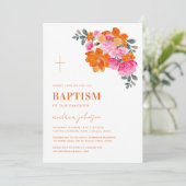 Invitation Pink Orange Vibrant Jardin d'été Croix Baptême (Debout devant)