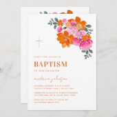 Invitation Pink Orange Vibrant Jardin d'été Croix Baptême (Devant / Derrière)