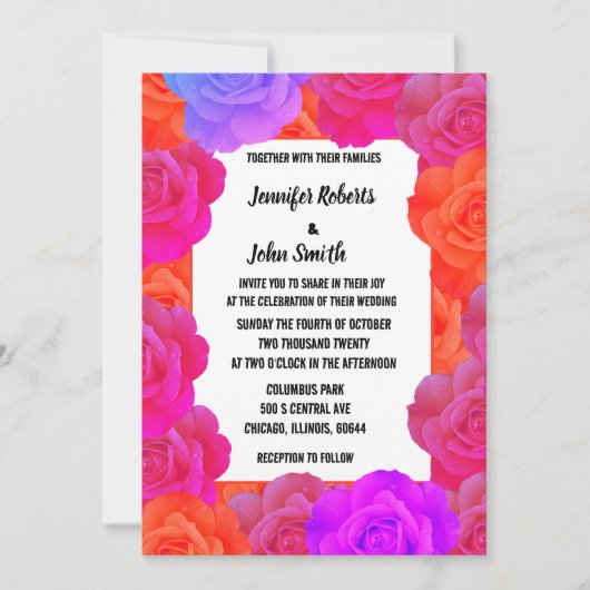 Invitation Pink Orange violet Floral QR Code Rose Mariage (Devant)