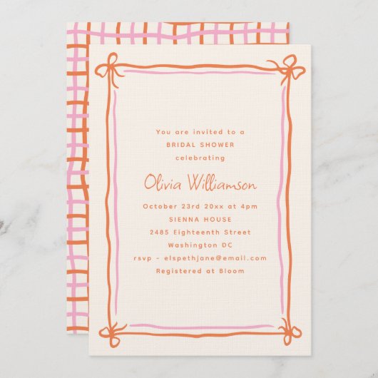 Invitation Pink Orange Whimsical Ribbon Bow Bridal Shower (Devant / Derrière)