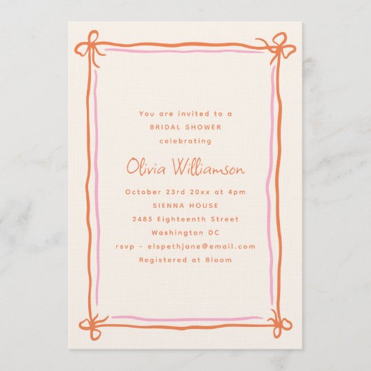 Invitation Pink Orange Whimsical Ribbon Bow Bridal Shower (Devant)