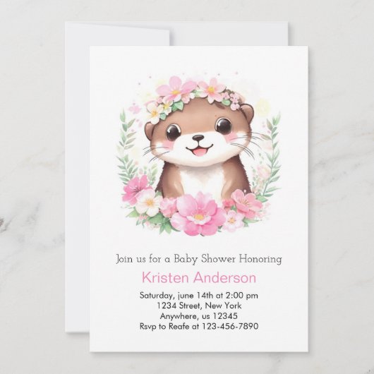 Invitation Pink Otter Aventure Whimsical Girl Baby shower (Devant)