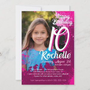 Invitation Pink Paint Splatter Photo 10e anniversaire Invitat