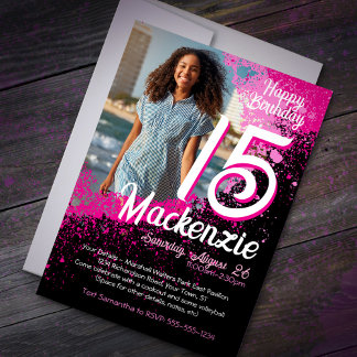 Invitation Pink Paint Splatter Photo 15e anniversaire Invitat