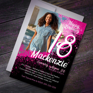 Invitation Pink Paint Splatter Photo 18e anniversaire Invitat
