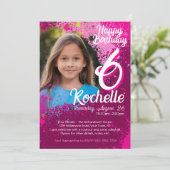 Invitation Pink Paint Splatter Photo 6e anniversaire Invitati (Debout devant)