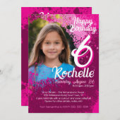 Invitation Pink Paint Splatter Photo 6e anniversaire Invitati (Devant / Derrière)