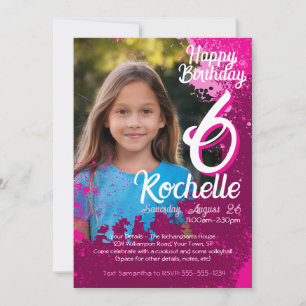 Invitation Pink Paint Splatter Photo 6e anniversaire Invitati