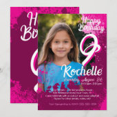 Invitation Pink Paint Splatter Photo 9e anniversaire Invitati (Devant / Derrière)