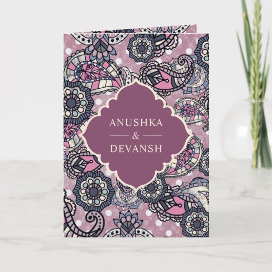 Invitation Pink Paisley Motif QR Code Indien Mariage (Devant)