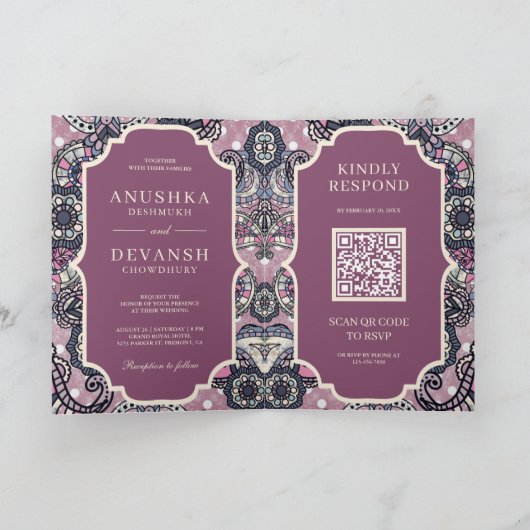 Invitation Pink Paisley Motif QR Code Indien Mariage (Intérieur)