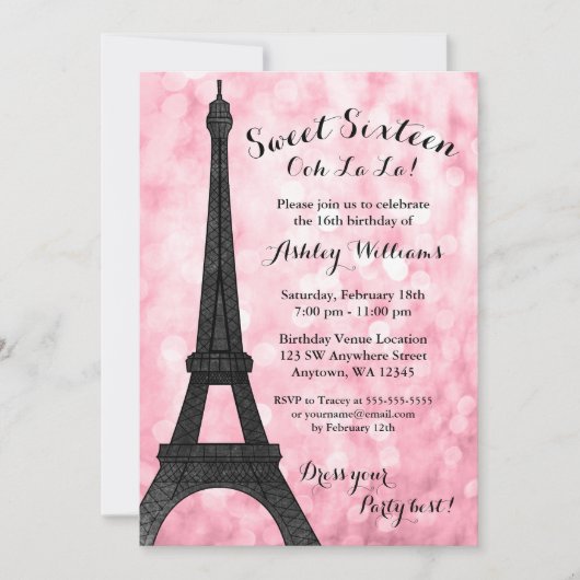 Invitation Pink Paris Bokeh Parties scintillant Lumières Swee (Devant)