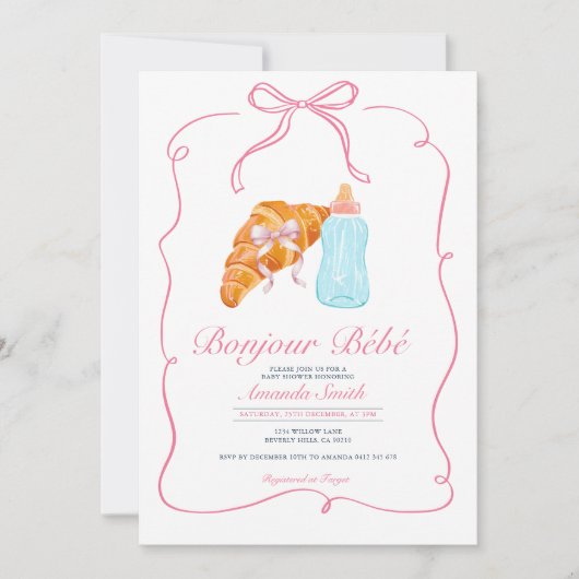 Invitation Pink Paris Bow French Croissant Cafe Baby Shower (Devant)