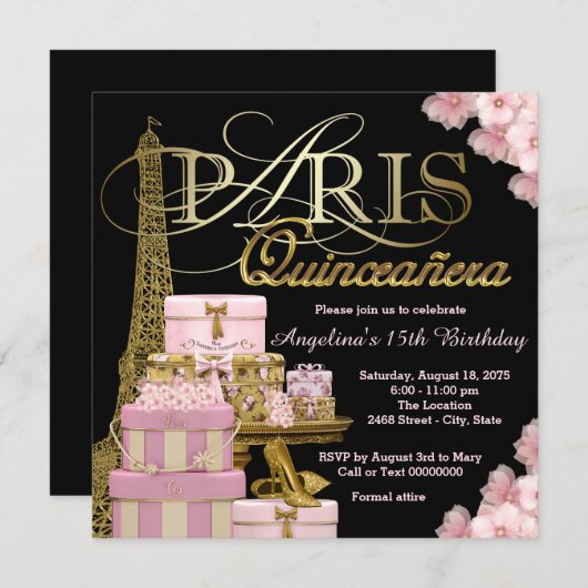 Invitation Pink Paris Quinceanera (Devant / Derrière)