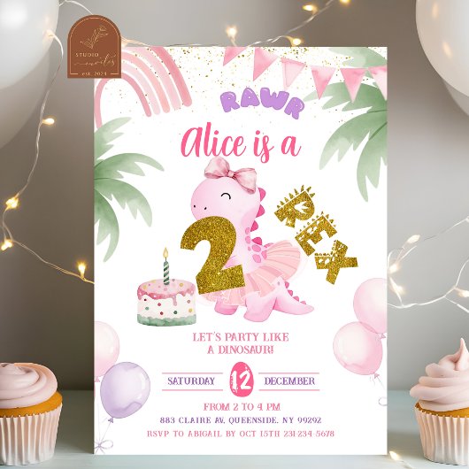 Invitation Pink Pastel Dinosaur 2-rex Rawr birthday