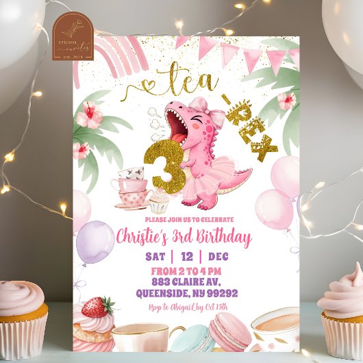 Invitation Pink Pastel Dinosaur tea-rex 3rd birthday