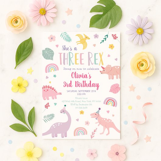 Invitation Pink Pastel Dinosaur Trois Rex Anniversaire